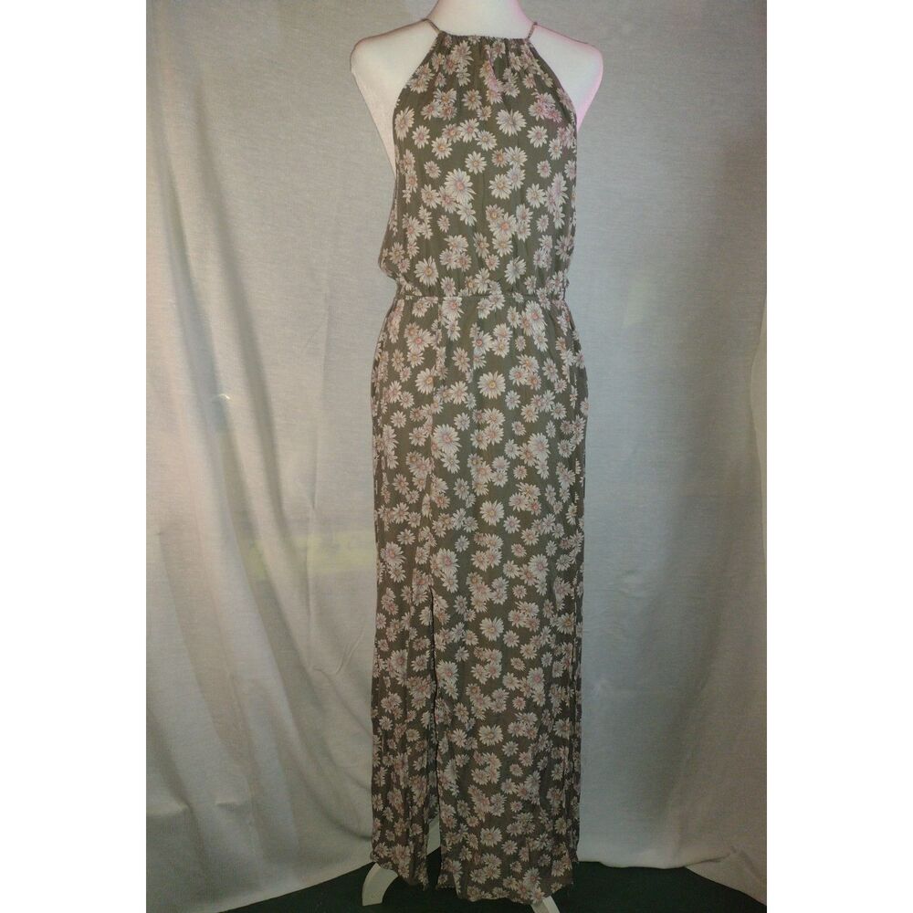 Floral Maxi Dress Grey Daisy Halter Neck Boho Summer Vacation